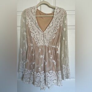 Lace-Trim Beige Romper with White Floral Overlay